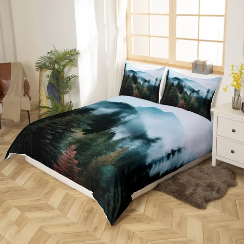 Miniatura 3 de Erosebridal - Juego de ropa de cama con diseño de parque nacional, funda de edredón de montañas humeantes, funda de edredón verde bruma y árbol