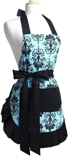 Miniatura 10 de G2PLUS Delantal de cocina floral vintage para mujer, delantal de cocina con dobladillo plisado negro con bolsillo, delantal de algodón retro