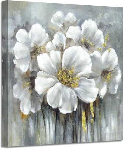 Miniatura 8 de Imágenes florales de madera enmarcadas: arte de pared de lirio blanco botánico con pinturas de lámina dorada sobre tablón de madera para dormitorio