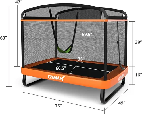 Miniatura 7 de GYMAX Trampolín para niños de 6 pies con columpio, cama elástica rectangular recreativa aprobada por ASTM con red de seguridad, para interiores