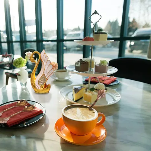 Miniatura 5 de Soporte de base de cisne con 6 cucharas de postre de café, organizador de cucharas de café de metal, cucharadita de fruta, postre, cubiertos