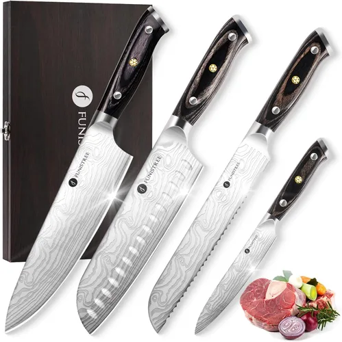 Juego de 4 cuchillos de cocina profesional, juego de cuchillos de chef de acero inoxidable alemán de Damasco con caja de madera, cuchillo de chef de
