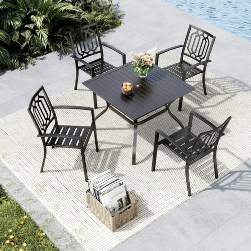 Miniatura 7 de MFSTUDIO Juego de 2 sillas de comedor al aire libre, sillas de metal para terraza, bistró, porche, césped, sillas apilables de hierro forjado negro