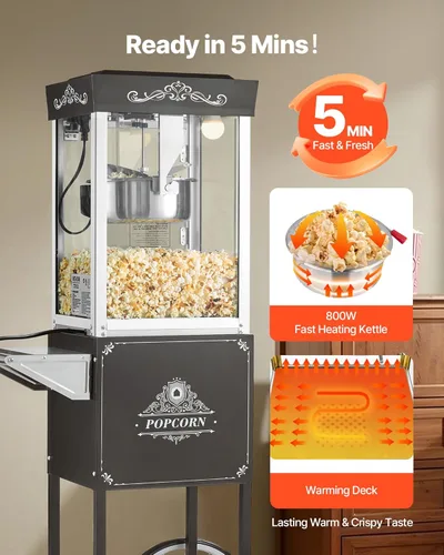 Miniatura 4 de VEVOR Máquina de palomitas de maíz con carrito, hervidor de acero inoxidable de 8 oz, fabricadora comercial de palomitas de 800W, 48 tazas por lote