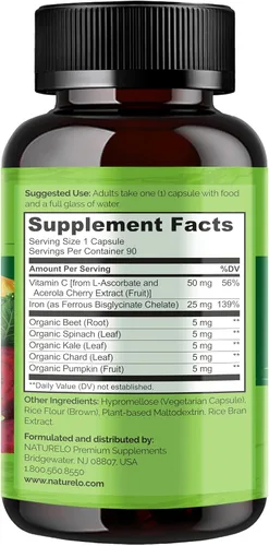 Miniatura 6 de NATURELO Suplemento de hierro vegano con vitamina C y alimentos integrales orgánicos, píldoras de hierro suaves para mujeres y hombres