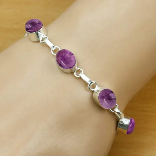 Miniatura 4 de Oval Shape Natural Gemstones Statement Bracelet for Women - 925 Silver Plated Handmade Birthstone Bohemian Vintage Style Women's Jewelry Gifts for