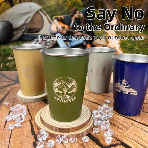 Miniatura 7 de Taza de camping de 16 onzas (paquete de 4) taza de acero inoxidable 18/8 para picnic al aire libre, senderismo, pesca, surf, fiesta, taza de metal