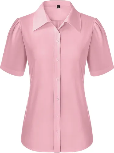 Miniatura 9 de Gleeivy Camisas de botones para mujer de manga corta abombada, camisas de vestir abotonadas con cuello ajustado, blusa superior de trabajo