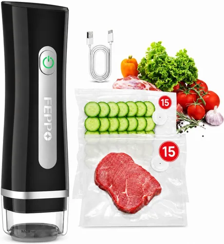Máquina selladora al vacío FEPPO para alimentos con tanque de agua visible, máquina selladora al vacío compacta portátil con 30 bolsas reutilizables