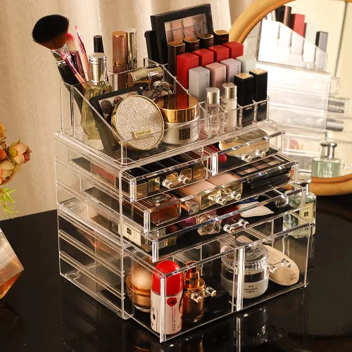 Miniatura 4 de Cq acrylic Paquete de 3 organizadores de almacenamiento de maquillaje transparentes, apilables con 6 cajones, lindo organizador de escritorio