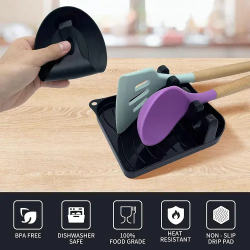 Miniatura 3 de Paquete de 2 cucharas para múltiples utensilios con almohadilla de goteo, antideslizante, resistente al calor, soporte para cuchara de cocina