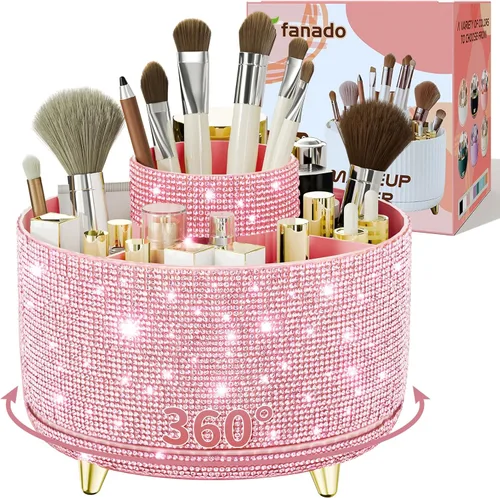 fanado Bling Diamond - Soporte para brochas de maquillaje, organizador de maquillaje giratorio de 360°, vaso para brochas de maquillaje de 5 ranuras