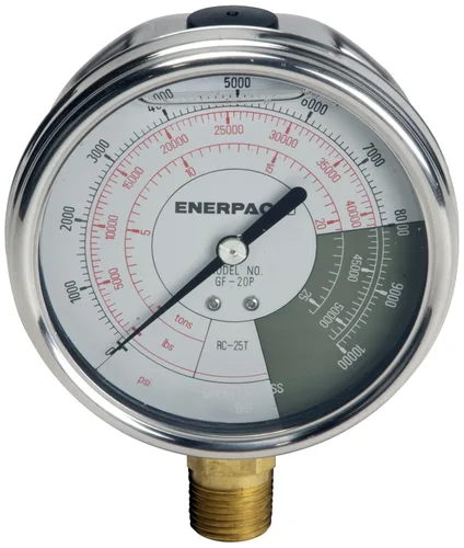Enerpac GF20P Medidor de fuerza hidráulica y presión, 0 a 10,000 PSI, 0 a 51,500 libras, capacidad de 0 a 25,5 toneladas, conexión de montaje