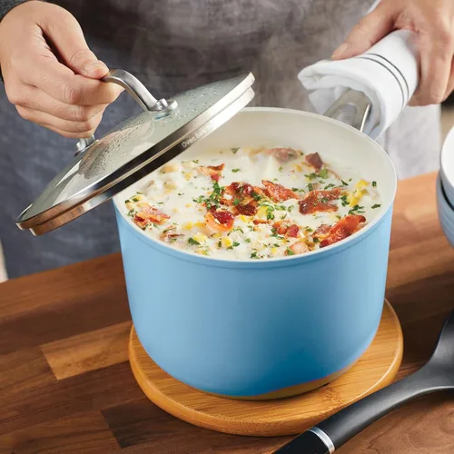 Miniatura 7 de KitchenAid Sartén antiadherente de cerámica anodizada dura con tapa, 3 cuartos de galón, terciopelo azul