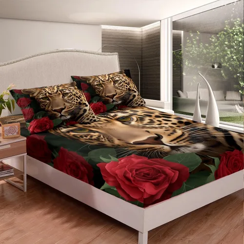 Miniatura 2 de Erosebridal Juego de sábanas bajeras de rosas rojas y leopardo, tamaño individual, diseño de animales africanos salvajes, diseño de plantas