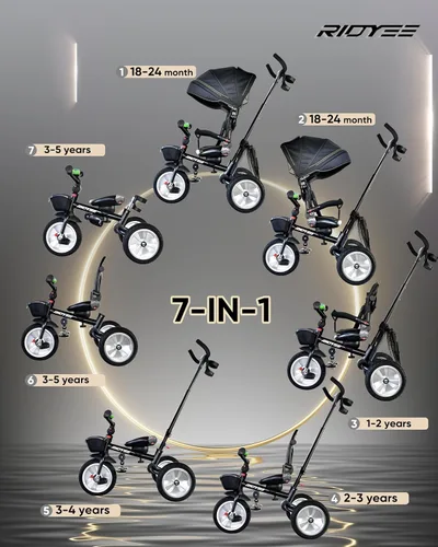 Miniatura 2 de RIDYEE 7-en-1 Triciclo plegable para niños pequeños de 18 meses a 5 años, cochecito triciclo con frenos duales, neumático de goma todo terreno