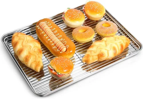 Miniatura 7 de Yododo - Juego de bandeja para hornear con estante de refrigeración (2 sartenes + 2 estanterías), bandeja para hornear galletas de acero inoxidable