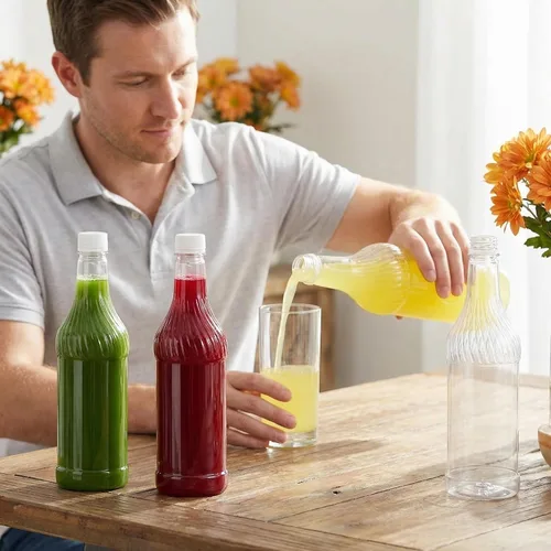 Miniatura 5 de Noamus Paquete de 8 botellas de refresco de plástico de 33 onzas con tapas, contenedor de jugo de PET transparente vacío reutilizable de 1 litro