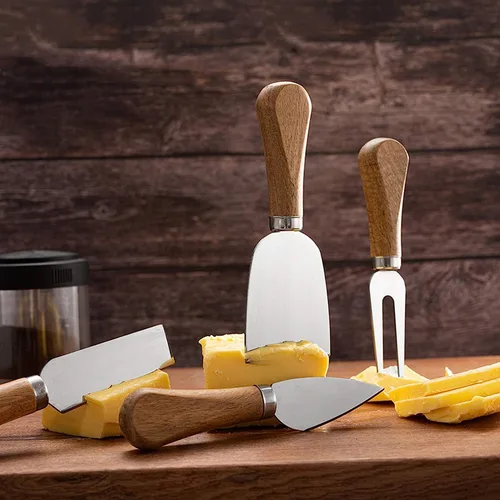 Miniatura 3 de Juego de 6 cuchillos de queso con mango de madera, juego de cuchillos de queso de acero inoxidable mini para charcutería y queso untable, pinzas