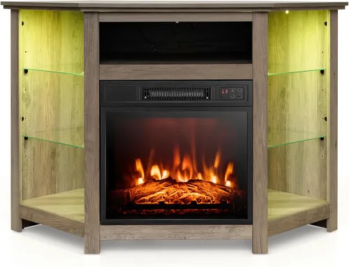 Tangkula - Soporte de TV de esquina con chimenea y luces LED y control inteligente por APP para TV de 50 pulgadas, centro de entretenimiento con