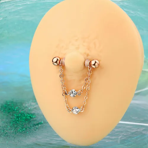 Miniatura 4 de Cocharm Anillos de pezón de doble cadena de 0.49 oz, plata y oro, joyería de piercing de acero inoxidable 316L para mujer