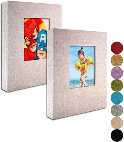 GPIRAL Álbum de fotos pequeño de 4 x 6 pulgadas, páginas transparentes, cubierta de lino con ventana frontal, paquete de 2, cada álbum con capacidad