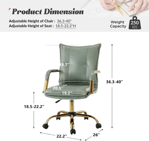 Miniatura 2 de HULALA HOME Silla de escritorio de piel sintética para oficina en casa, silla giratoria ajustable para computadora con patas y brazos dorados, silla