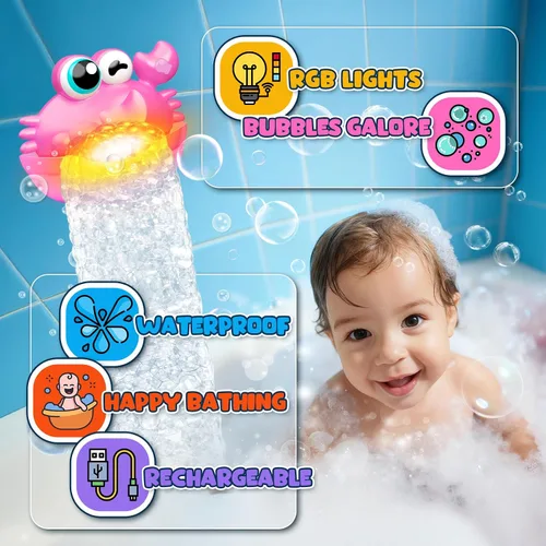 Miniatura 3 de Juguetes de baño para niños de 1 a 3 años, juguetes de baño iluminados para bebés, creador de burbujas de cangrejo con luz colorida, regalos de Rosa