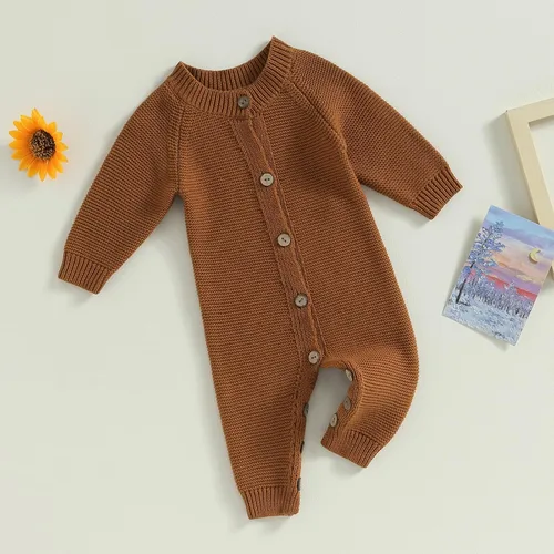 Miniatura 3 de Mameluco de punto de gran tamaño con cuello redondo y botones de manga larga para bebé niño y niña