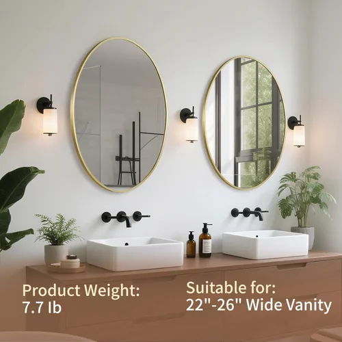 Miniatura 2 de Espejo ovalado dorado para baño, espejo de baño ovalado de 20 x 28 pulgadas con marco de metal cepillado, espejo de tocador decorativo montado