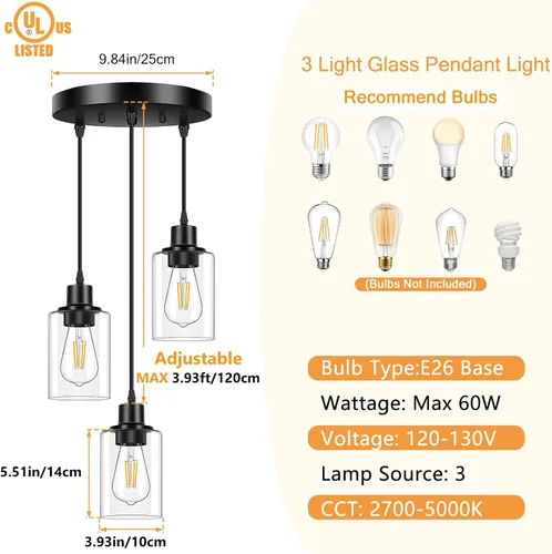Miniatura 2 de Licperron Lámparas colgantes de 3 luces, luces colgantes negras para isla de cocina, iluminación colgante ajustable con pantalla de vidrio