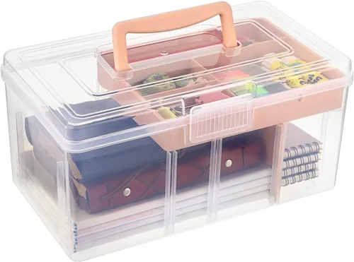 Miniatura 9 de BTSKY - Caja de almacenamiento de 2 capas de plástico transparente con bandeja extraíble, caja organizadora multiuso para papelería con asa, caja