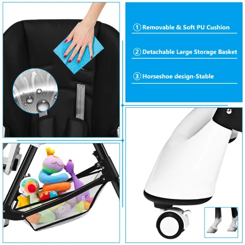 Miniatura 7 de INFANS Silla alta con bandeja extraíble con una sola mano, 4 ruedas bloqueables y cesta de almacenamiento grande, altura multiajustable, reclinable