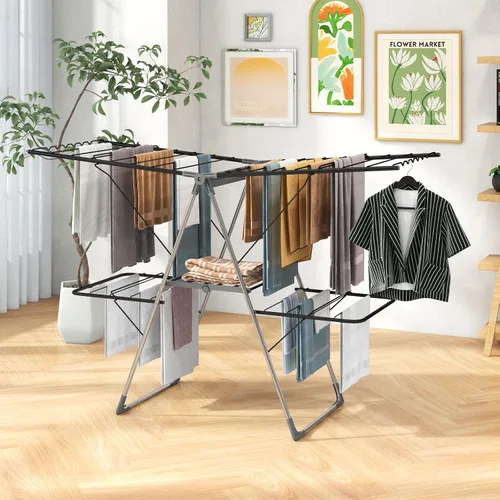 Miniatura 3 de Tangkula Estante de secado de lavandería, estante de secado de ropa plegable con alas ajustables en altura, 33 rieles de secado y clips