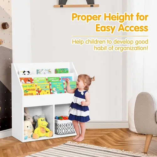 Miniatura 8 de KOTEK Estantería para niños con organizador de almacenamiento de juguetes, estantería para niños con estante de libros de 3 niveles y 2 cubos