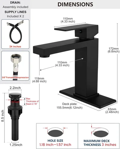 Miniatura 3 de Grifos de Baño Midanya 1 Agujero, Grifo de Fregadero de Acero Inoxidable de Una Manija, Grifos de Tocador Modernos con Placa de Cubierta, Mangueras