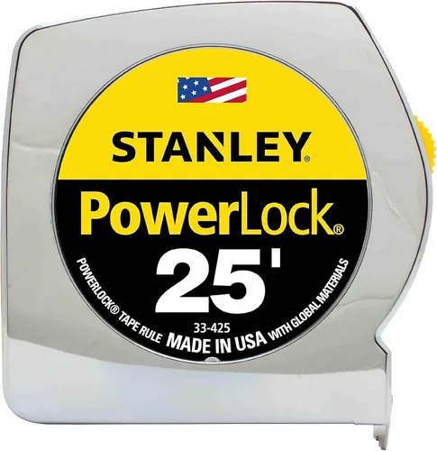 Stanley 33425 Powerlock II Cinta Métrica de Retorno Automático, 1 pulgada x 25 pies, Cromo/Amarillo