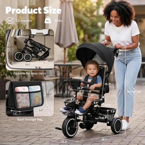 Miniatura 7 de TODEFULL - Triciclo plegable para niños, 8 en 1, triciclo para bebé con toldo extraíble y ajustable, mango para padres, arnés de seguridad de 5