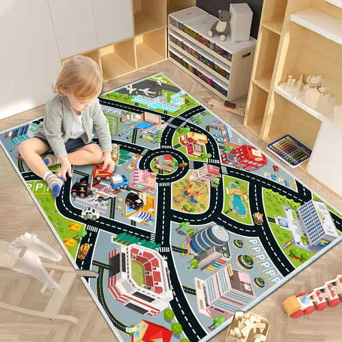 Miniatura 5 de Alfombra de Coches para Niños, Alfombra de Juego para Coches de Juguete y Tren, Alfombra de Juego de Tráfico Vial para Niños, Alfombra de Área