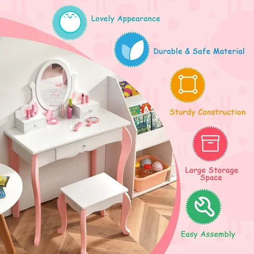 Miniatura 9 de Costzon Juego de tocador para niños con espejo, tocador de maquillaje de princesa 2 en 1 con parte superior desmontable, tocador para niños pequeños