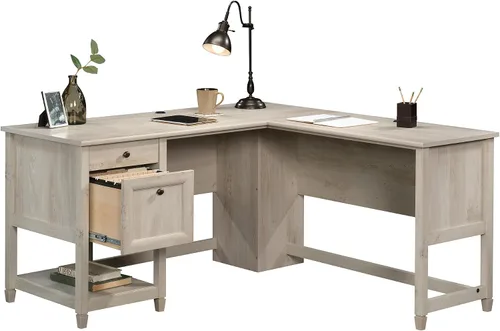 Miniatura 5 de Sauder Edge Water - Escritorio esquinero en forma de L con cajones de almacenamiento y estante abierto, en color castaño a la tiza