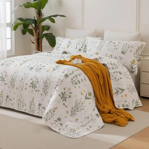 Miniatura 17 de Sanracie Edredón extragrande tamaño King (120"x120"), juego de edredón 100% algodón con estampado floral verde de 3 piezas, edredón suave y ligero