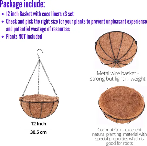 Miniatura 2 de LaLaGreen - Macetas colgantes con forro de coco (12 pulgadas, paquete de 3) cestas colgantes para plantas al aire libre, maceta colgante de alambre