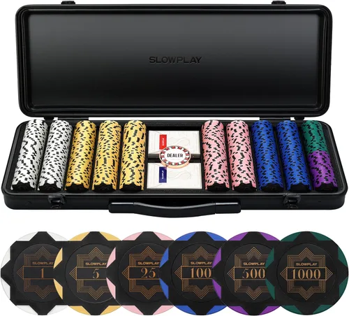 SLOWPLAY Juego de fichas de póker de 14g de arcilla para Texas Hold'em, 500 piezas, con valores numerados, estilo Art Deco, y estuche de transporte