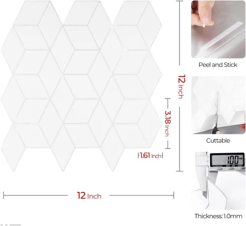 Miniatura 9 de Livelynine 16 azulejos geométricos para despegar y pegar en muro para cocina, color blanco, azulejos de pared de baño, impermeables, para paredes