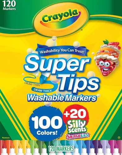 Crayola Super Tips & Silly Scents - Juego de marcadores lavables (120 unidades), marcadores de colores a granel para libros de colorear, punta fina,