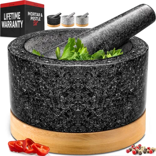 PriorityChef Juego de Mortero y Mano de Mortero Resistente con Base de Bambú, Molinillo de Piedra de Granito 100% Natural, Tazón y Machacador de