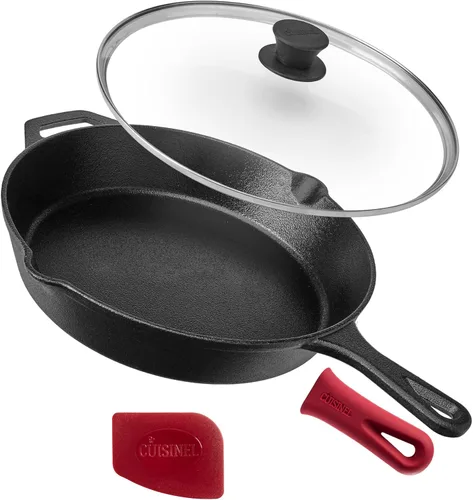 Miniatura 9 de Cuisinel Juego de sartenes de hierro fundido, sartén de 8 pulgadas + 12 pulgadas + tapas de vidrio, utensilios de cocina pre-sazonados, soportes