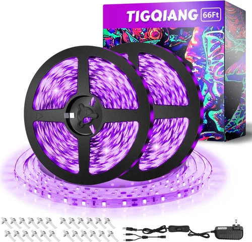 TigQiang Tira de luz negra, kit de tira de luz LED flexible de 66 pies, 1200 cuentas de lámpara, luz negra de 12 V, no impermeable para fiestas de