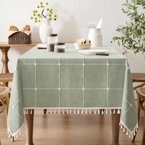 Miniatura 72 de ZeeMart - Mantel de mesa con diseño de cuadrícula boho y borlas (blanco roto, 132 cm x 132 cm), mantel de gran peso de lino a cuadros bordado